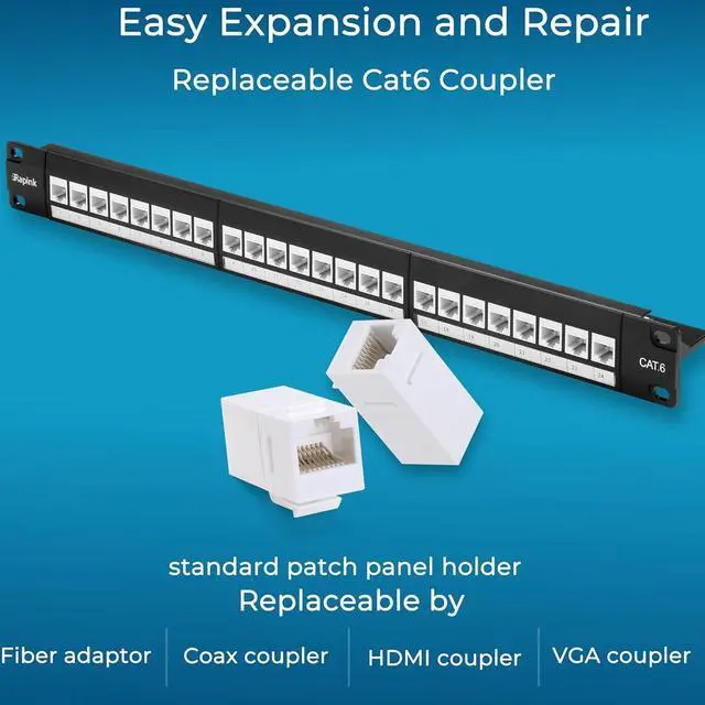 Alt view image 3 of 6 - Patch Panel 24 Port Cat6 with White Inline Keystone 10G Support, Pass-Thru Coupler Patch Panel UTP 19-Inch with Removable Back Bar, 1U Network Patch Panel for Cat6, Cat5e, Cat5 Cabling