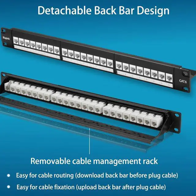 Alt view image 5 of 6 - Patch Panel 24 Port Cat6 with White Inline Keystone 10G Support, Pass-Thru Coupler Patch Panel UTP 19-Inch with Removable Back Bar, 1U Network Patch Panel for Cat6, Cat5e, Cat5 Cabling