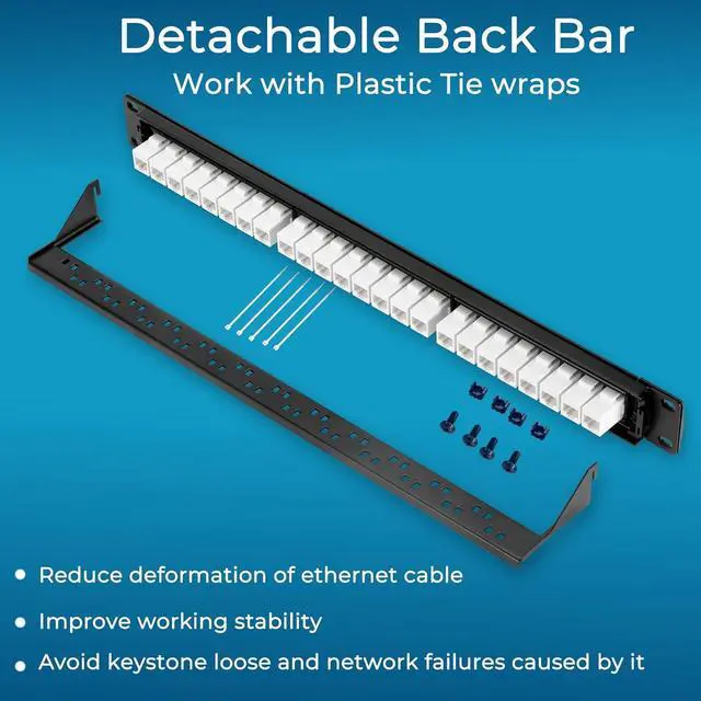 Alt view image 6 of 6 - Patch Panel 24 Port Cat6 with White Inline Keystone 10G Support, Pass-Thru Coupler Patch Panel UTP 19-Inch with Removable Back Bar, 1U Network Patch Panel for Cat6, Cat5e, Cat5 Cabling