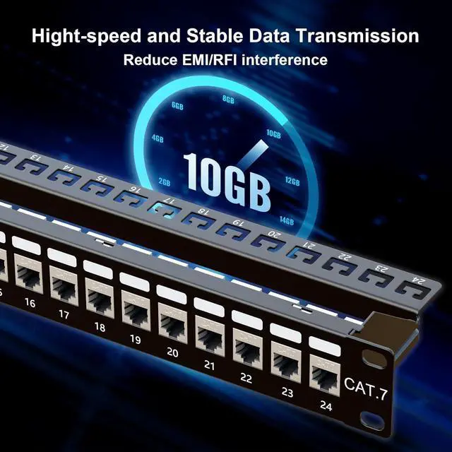 Alt view image 4 of 6 - 10Gbps Cat7 Patch Panel 24 Port, RJ45 Through Coupler 1U Shielded Patch Panel STP 19-Inch with Back Bar, Wallmount or Rackmount, Compatible with Cat7, Cat6A, Cat6, Cat5e, Cabling