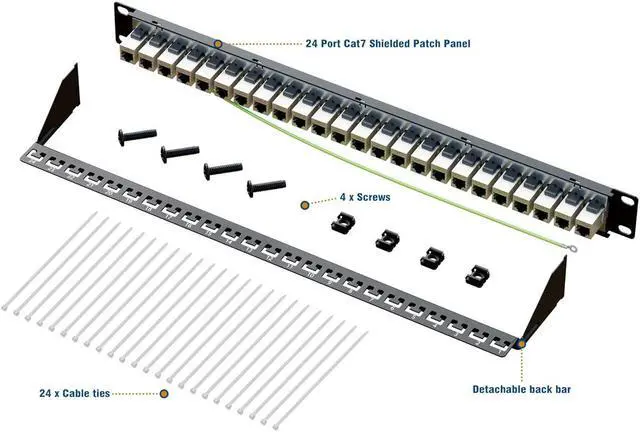 Alt view image 5 of 6 - 10Gbps Cat7 Patch Panel 24 Port, RJ45 Through Coupler 1U Shielded Patch Panel STP 19-Inch with Back Bar, Wallmount or Rackmount, Compatible with Cat7, Cat6A, Cat6, Cat5e, Cabling