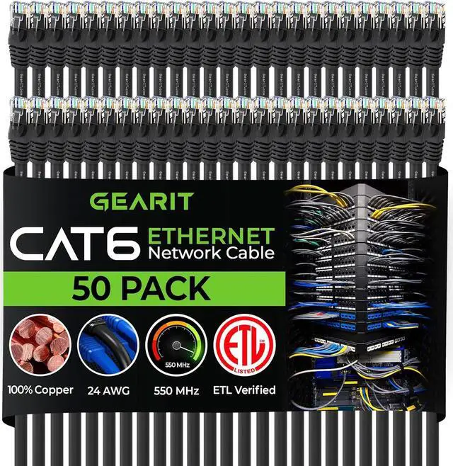 Main image of GearIT Cat 6 Ethernet Cable 1 ft (50-Pack) - Cat6 Patch Cable, Cat 6 Patch Cable, Cat6 Cable, Cat 6 Cable, Cat6 Ethernet Cable, Network Cable, Internet Cable - Black 1 Foot