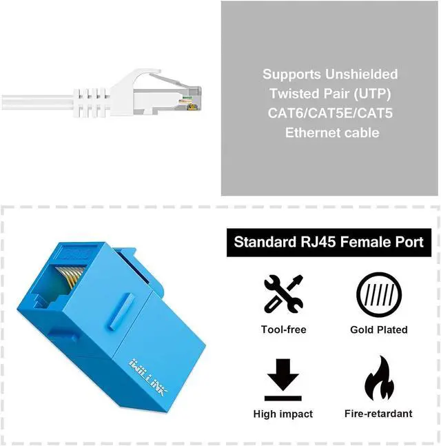 Alt view image 3 of 7 - Iwillink RJ45 Cat6 Keystone Coupler 10-Pack, Female to Female Cat6 Keystone Jack, UTP Keystone Coupler Insert, Blue