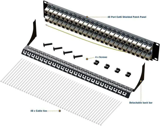 Alt view image 5 of 6 - iwillink 48 Port RJ45 Through Coupler 2U Cat6 Shielded Patch Panel STP 19-Inch with Back Bar, Wallmount or Rackmount, Compatible with Cat5, Cat5e, Cat6 Cabling