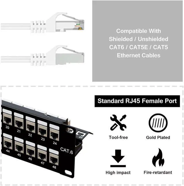 Alt view image 3 of 6 - iwillink 48 Port RJ45 Through Coupler 2U Cat6 Shielded Patch Panel STP 19-Inch with Back Bar, Wallmount or Rackmount, Compatible with Cat5, Cat5e, Cat6 Cabling