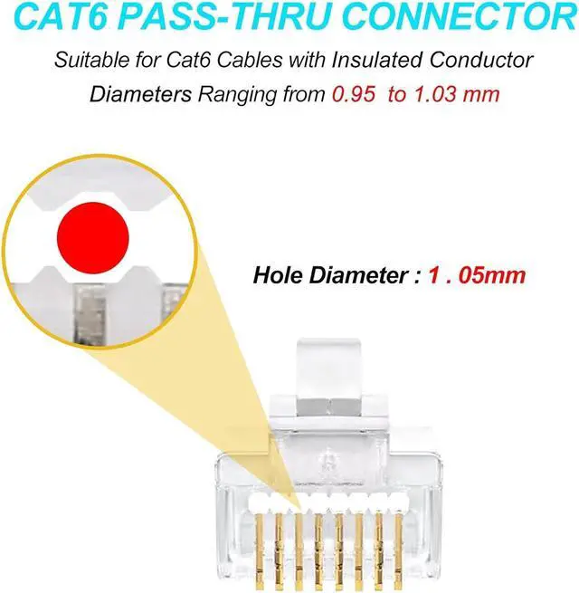 Alt view image 2 of 7 - 50-Pack Cat6 RJ45 Pass Through Connectors - Ethernet Cable Crimp Ends for Solid Wire and Standard Cable, UTP Network Plug