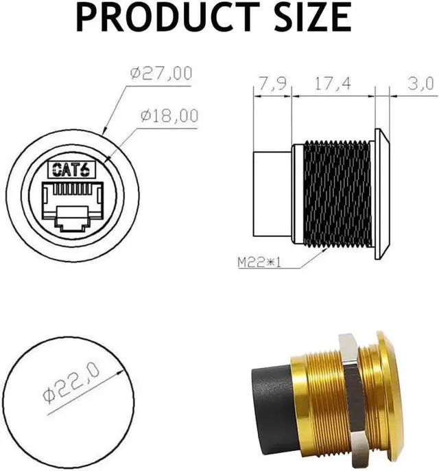 Alt view image 4 of 6 - PENGLIN 2PCS RJ45 Panel Mount Connector, CAT6 Ethernet LAN Pass Through Coupler, Female to Female Bulkhead Adapter(Gold)