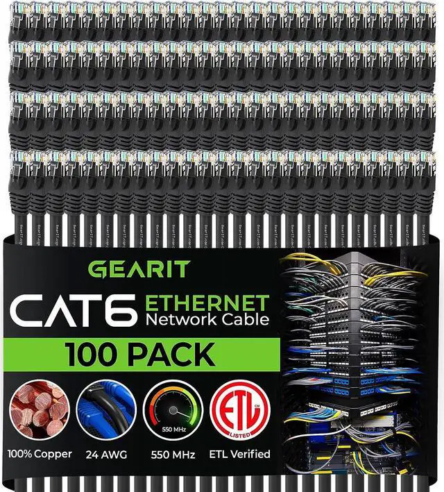 Main image of GearIT Cat 6 Ethernet Cable 1.5 ft 18-Inch (100-Pack) - Cat6 Patch Cable, Cat 6 Patch Cable, Cat6 Cable, Cat 6 Cable, Cat6 Ethernet Cable, Network Cable, Internet Cable - Black 1.5 Feet