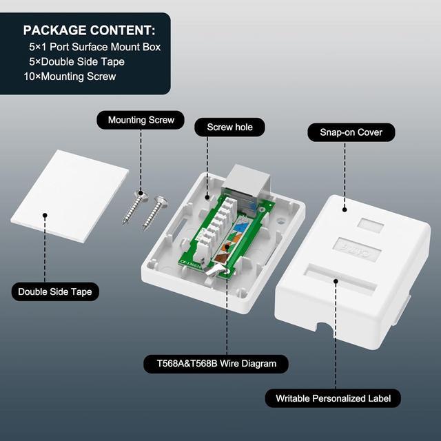 Alt view image 6 of 7 - VCELINK Cat6 RJ45 Surface Mount Box Shielded 1-Port, Compatible with UTP Cat6/Cat5e/Cat5 Stranded or Solid Network Cables, 5-Pack, White