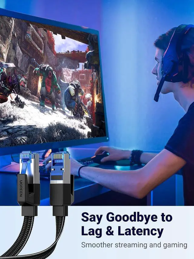 Alt view image 3 of 7 - UGREEN Cat 8 Ethernet Cable 6FT, Flat High Speed 40Gbps 2000Mhz Internet Cable 26AWG Braided Network Cord RJ45 Shielded Indoor LAN Cables Compatible for Gaming PC PS5 Xbox Modem Router 6FT
