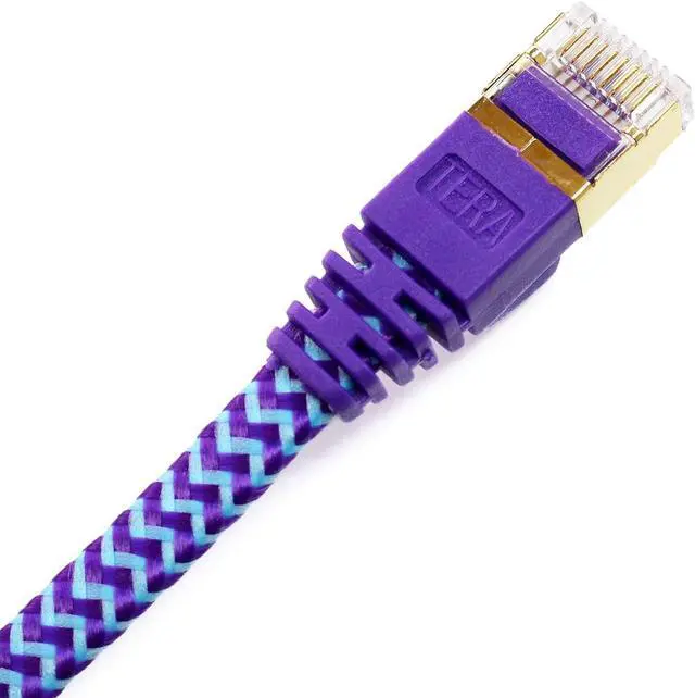 Alt view image 2 of 6 - 12FT - CAT7 10 Gigabit Ethernet Ultra Flat Patch Cable for Modem Router LAN Network - Braided Jacket, Gold Plated Shielded RJ45 Connectors, Faster Than CAT6a CAT6 CAT5e, Purple & Blue