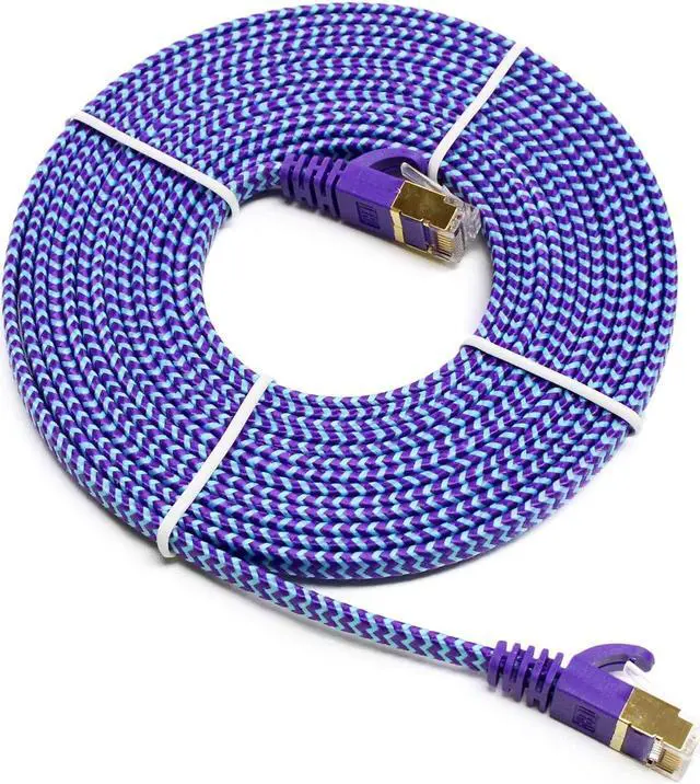 Alt view image 3 of 6 - 12FT - CAT7 10 Gigabit Ethernet Ultra Flat Patch Cable for Modem Router LAN Network - Braided Jacket, Gold Plated Shielded RJ45 Connectors, Faster Than CAT6a CAT6 CAT5e, Purple & Blue