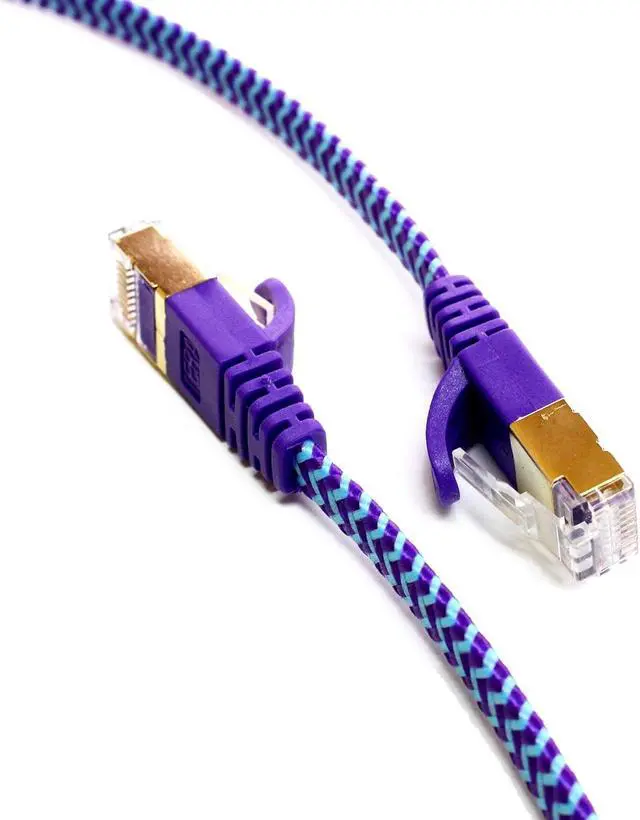 Alt view image 4 of 6 - 12FT - CAT7 10 Gigabit Ethernet Ultra Flat Patch Cable for Modem Router LAN Network - Braided Jacket, Gold Plated Shielded RJ45 Connectors, Faster Than CAT6a CAT6 CAT5e, Purple & Blue