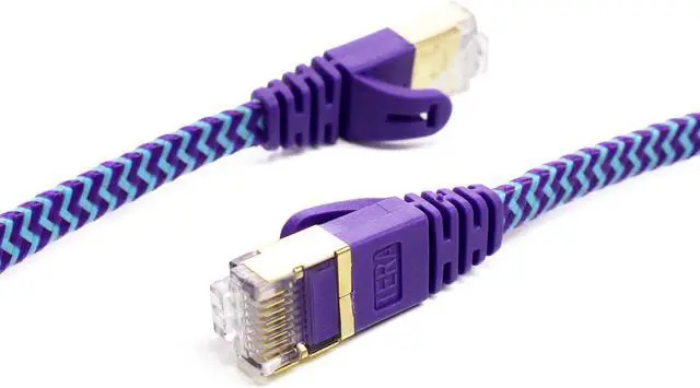 Alt view image 6 of 6 - 12FT - CAT7 10 Gigabit Ethernet Ultra Flat Patch Cable for Modem Router LAN Network - Braided Jacket, Gold Plated Shielded RJ45 Connectors, Faster Than CAT6a CAT6 CAT5e, Purple & Blue