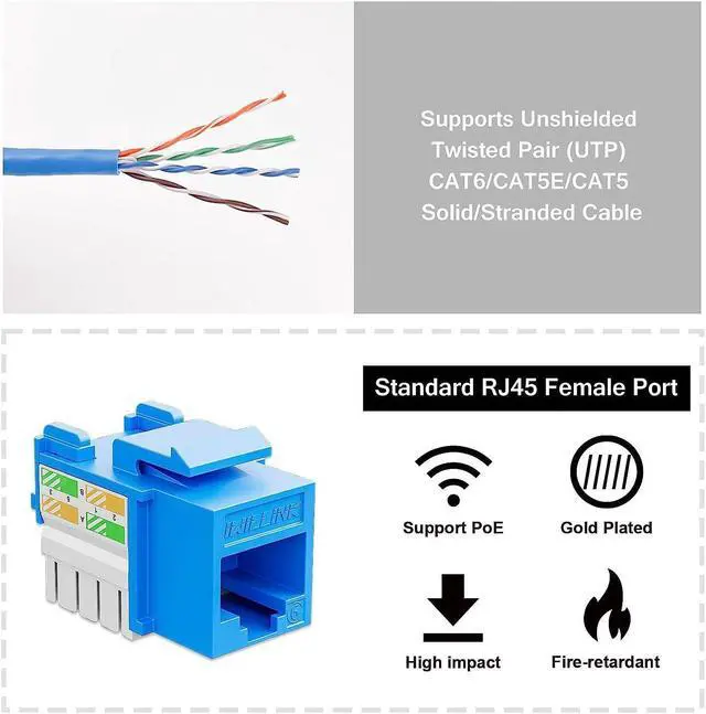 Alt view image 3 of 7 - iwillink 10Gbps Cat6 Keystone Jack and Punch-Down Stand, 50-Pack, RJ45 Ethernet Keystone Jacks, 90-Degree UTP Modular Punch Down Keystone Jack Adapter, Blue
