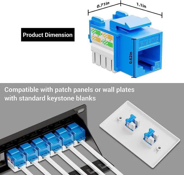 Alt view image 4 of 7 - iwillink 10Gbps Cat6 Keystone Jack and Punch-Down Stand, 50-Pack, RJ45 Ethernet Keystone Jacks, 90-Degree UTP Modular Punch Down Keystone Jack Adapter, Blue