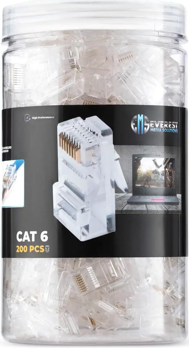 Main image of Everest Media Solutions RJ45 Cat6 Pass Through Connectors - Pack of 200 - EZ to Crimp Modular Plug for Solid or Stranded UTP Network Cable - Male Ethernet Connector End