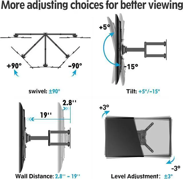Alt view image 5 of 7 - TV Wall Mounts for Most 26-60 Inches TVs Full Motion TV Bracket with Swivel and Extend 19 Inch Articulating Arms Tilt Leveling Single Stud Design Max VESA 400x400mm MU0009