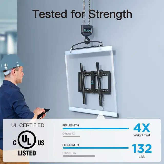 Alt view image 3 of 7 - PERLESMITH UL Listed TV Mount for Most 37-82 inch TV, Universal Tilt TV Wall Mount Fits 16- 24 Wood Stud with Loading 132 lbs & Max VESA 600x400mm, Low Profile Flat Wall Mount Bracket PSLTK1