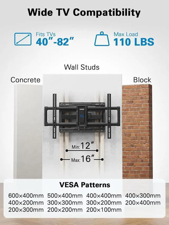 Alt view image 2 of 7 - Full Motion TV Wall Mount for 4082 inch Flat or Curved TVs Smooth Swivel & Extension Tool-Free Tilt with Heavy-Duty Arms Max VESA 600x400mm up to 110 lbs Fits 12/16 Wood Studs PILF11