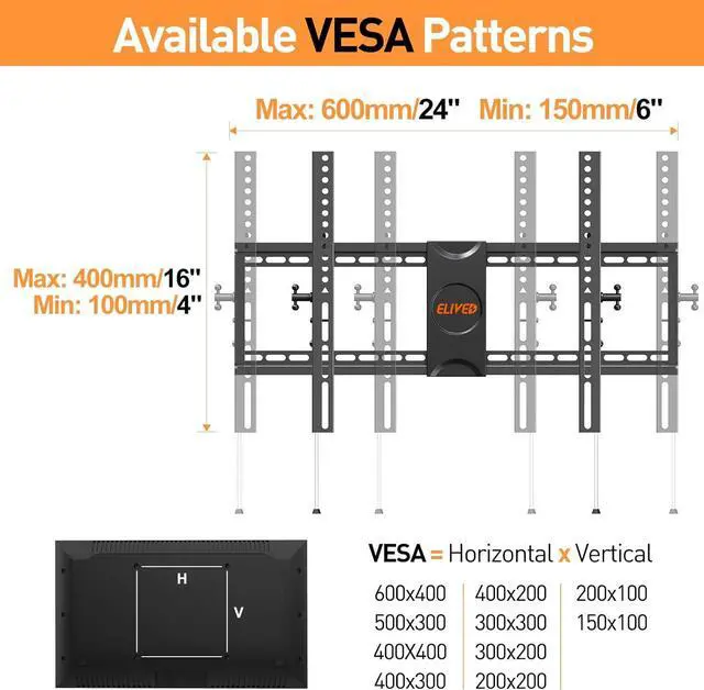 Alt view image 4 of 7 - ELIVED TV Wall Mount for Most 37-84 Inch TVs, Max Load Capacity 120 lbs. Tilting tv Mount with Level Adjustment, TV Brackets for Wall Mount Max VESA 600x400mm, Fits 16-24 Inch Studs.