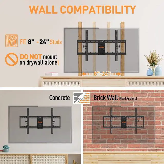 Alt view image 6 of 7 - ELIVED TV Wall Mount for Most 37-84 Inch TVs, Max Load Capacity 120 lbs. Tilting tv Mount with Level Adjustment, TV Brackets for Wall Mount Max VESA 600x400mm, Fits 16-24 Inch Studs.