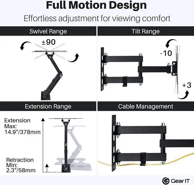 Alt view image 3 of 7 - GEARit TV Wall Mount/Monitor (TVs 23 to 43 inch) Up to 66lbs - Full Motion Swivel, Tilt, Articulating Arm, Vesa 75 100 200
