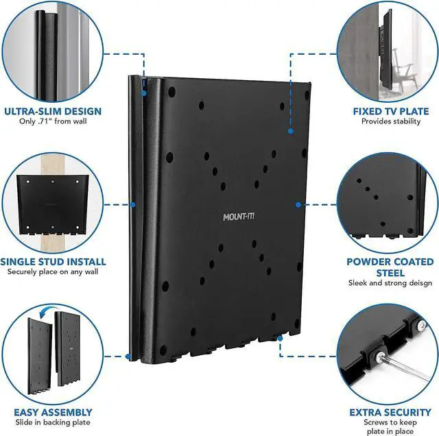 Alt view image 3 of 7 - MOUNT-IT! Low-Profile Fixed TV Wall Mount With Removable Plate | Flush Wall Mounting Bracket Fits 23" - 42" Screens Up To VESA 200x200 mm, 66lbs Capacity, Black