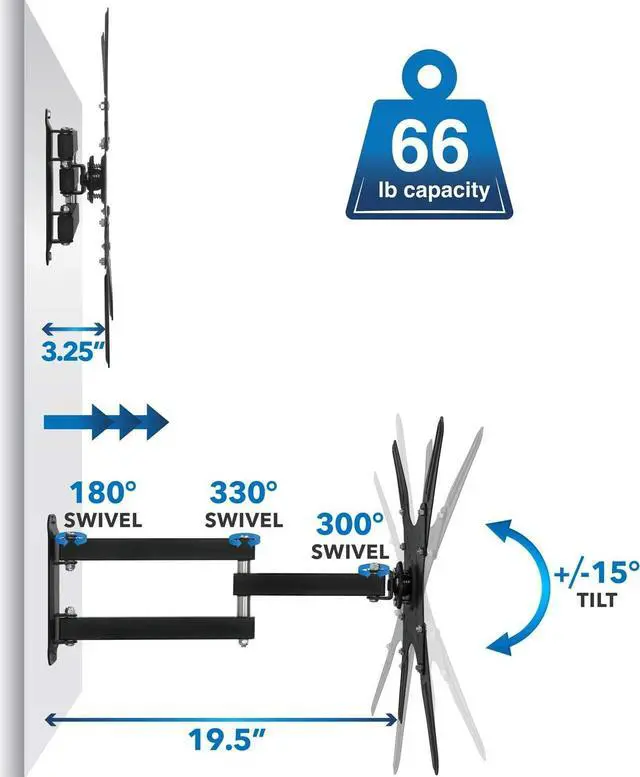 Alt view image 5 of 7 - Mount-It TV Wall Mount Full Motion LCD, LED 4K TV Swivel Bracket for 23-55 inch Screen Size, Compatible with VESA 400x400, 66 lbs Capacity (MI-2065L), Black