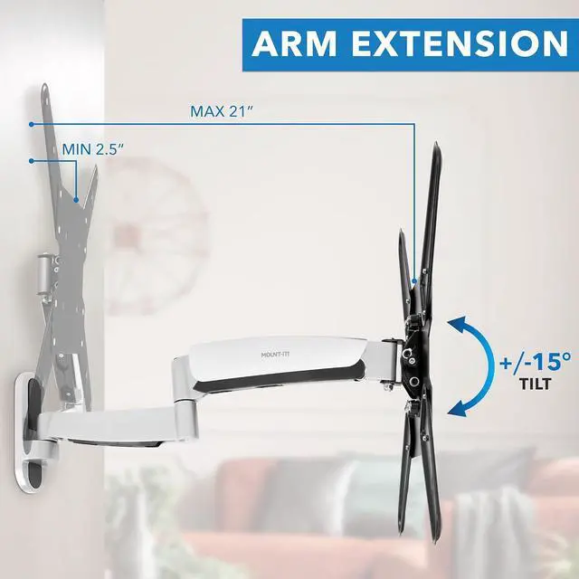 Alt view image 3 of 7 - Mount-It! Height Adjustable TV Wall Mount Bracket with Counterbalance Gas Spring Arm - Full Motion Articulating Design Fits Flat Screens Displays Up to VESA 400x400 mm and 44 Lbs - Silver