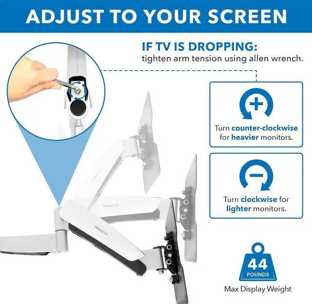 Alt view image 6 of 7 - Mount-It! Height Adjustable TV Wall Mount Bracket with Counterbalance Gas Spring Arm - Full Motion Articulating Design Fits Flat Screens Displays Up to VESA 400x400 mm and 44 Lbs - Silver