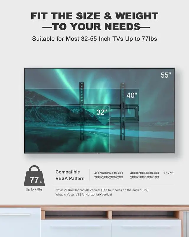 Alt view image 2 of 7 - Full Motion TV Wall Mount, Heavy Duty Single Articulating Arms TV Bracket for Most 32-55 Inch Flat Curved TVs, Up to VESA 400x400mm and 77lbs, Support Swivel, Tilt, Level Adjustment