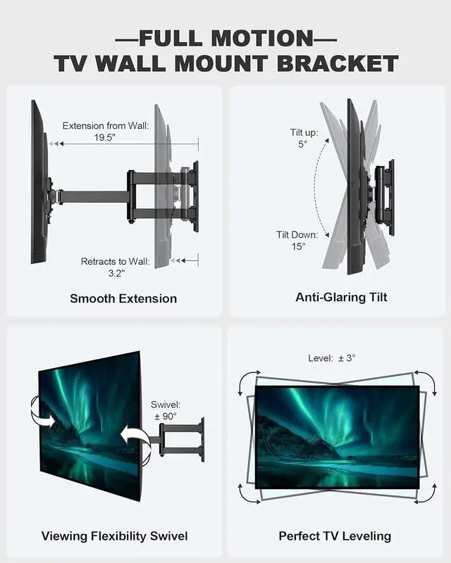 Alt view image 3 of 7 - Full Motion TV Wall Mount, Heavy Duty Single Articulating Arms TV Bracket for Most 32-55 Inch Flat Curved TVs, Up to VESA 400x400mm and 77lbs, Support Swivel, Tilt, Level Adjustment