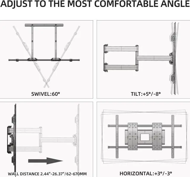 Alt view image 2 of 7 - 98 100 TV Wall Mount 75 86 90 110 120 inch Full Motion Bracket Large Screen Heavy Duty TV Wall Mount Led Adjustable Articulating TV Stand Max vesa 1000x600mm Load 287 lbs DY1000