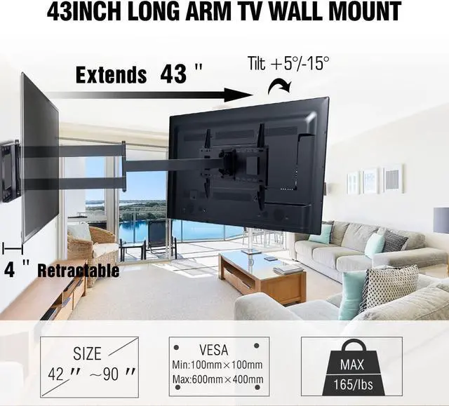 Alt view image 3 of 7 - FORGING MOUNT Heavy Duty Long Arm TV Mount, 43 inch Extension Dual Articulating Arm Full Motion TV Bracket, Fits 42-90 Inch Flat/Curve TVs, Holds up to 165 lbs, VESA600x400mm