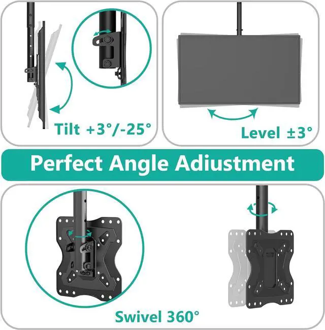 Alt view image 6 of 7 - WALI TV Ceiling Mount Adjustable Bracket Fits Most LED, LCD, OLED and Plasma Flat Screen Display 23 to 43 Inch, up to 110 Lbs, Mounting Holes 200x200mm (CM2343), Black