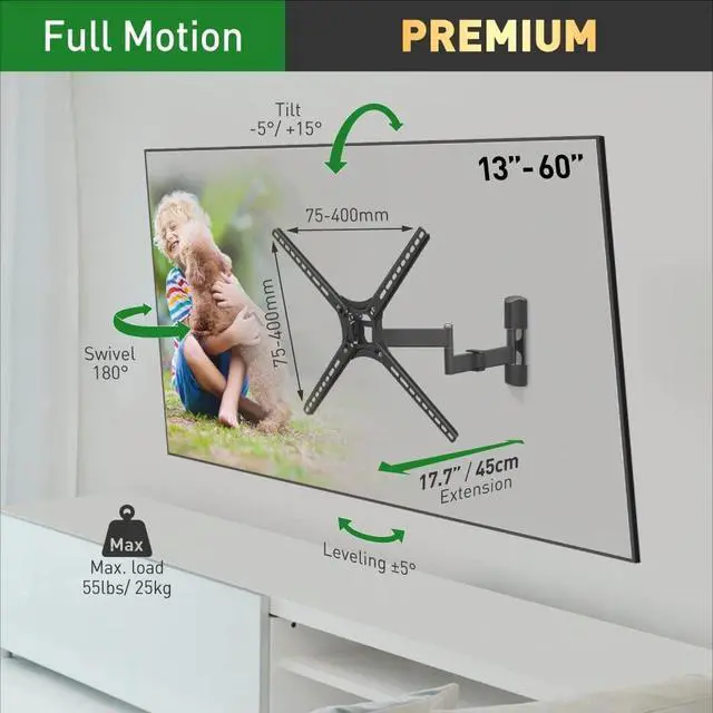 Alt view image 2 of 7 - Barkan TV Wall Mount, 13-60 inch Full Motion Articulating - 4 Movement Flat/Curved Screen Bracket, Holds up to 55lbs, Patented Fits LED OLED LCD