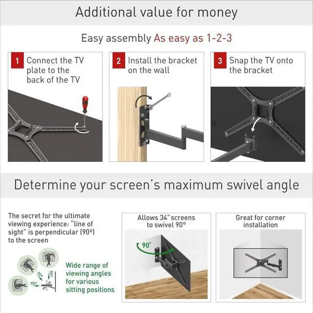 Alt view image 4 of 7 - Barkan TV Wall Mount, 13-60 inch Full Motion Articulating - 4 Movement Flat/Curved Screen Bracket, Holds up to 55lbs, Patented Fits LED OLED LCD