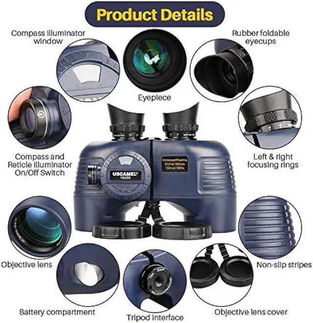 Alt view image 2 of 6 - USCAMEL 10x50 Marine Binoculars for Adults, Waterproof Binoculars with Rangefinder CompassBAK4 Prism FMC Lens Binoculars with Tripod Adapter for Navigation Bird Watching Hunting
