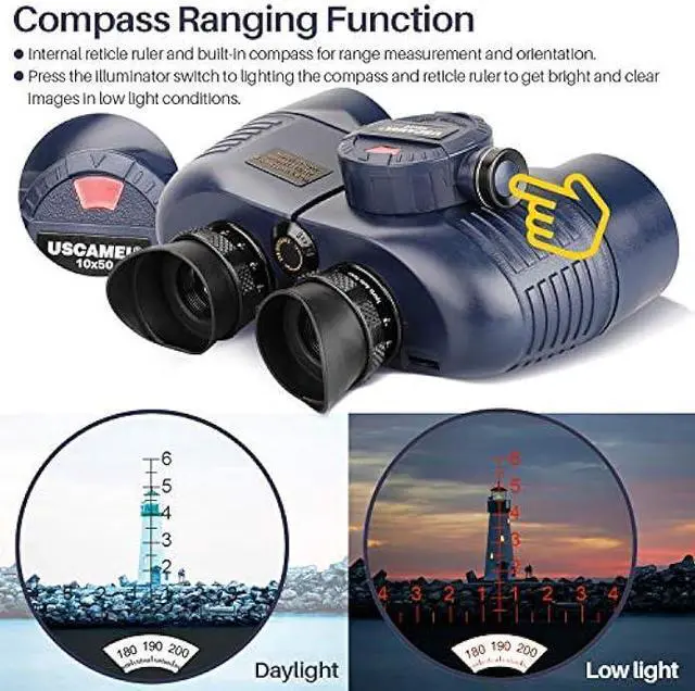 Alt view image 4 of 6 - USCAMEL 10x50 Marine Binoculars for Adults, Waterproof Binoculars with Rangefinder CompassBAK4 Prism FMC Lens Binoculars with Tripod Adapter for Navigation Bird Watching Hunting