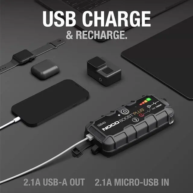 Alt view image 4 of 6 - NOCO Boost Plus GB40 1000A UltraSafe Car Battery Jump Starter, 12V Battery Pack, Battery Booster, Jump Box, Portable Charger and Jumper Cables for 6.0L Gasoline and 3.0L Diesel Engines, Gray
