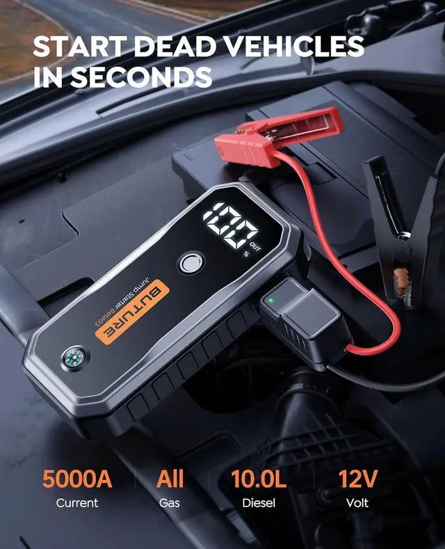 Alt view image 2 of 7 - BUTURE 5000A Car Battery Jump Starter (All Gas/10L Diesel) Smart Portable Car Jump Starter Battery Pack, 12V Safe Jump Box Car Jumper Starter with Extended Jumper Cables, Fast Charge, 160W DC, Lights