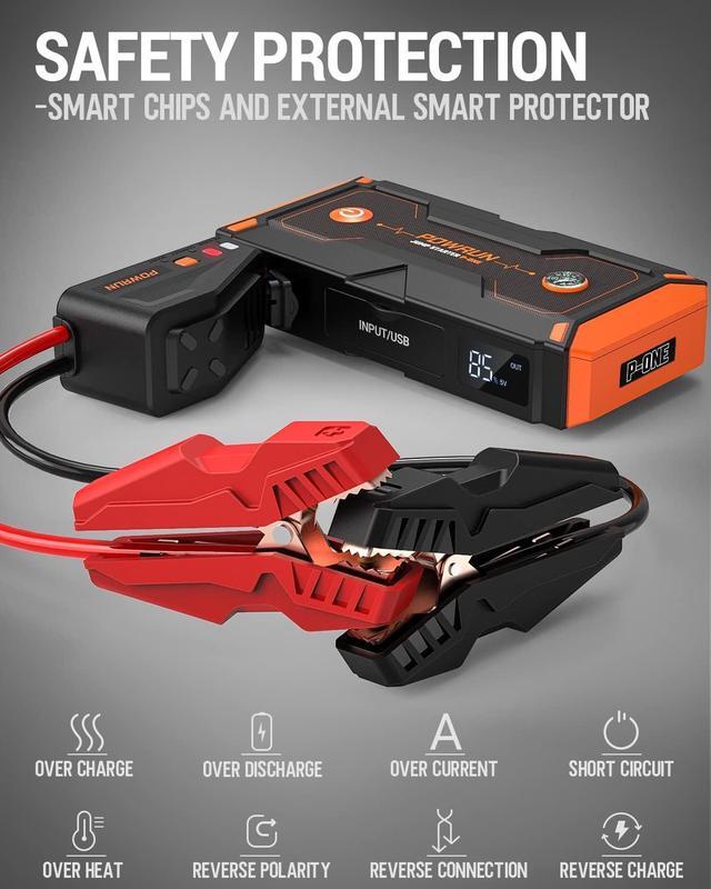 Alt view image 4 of 7 - Powrun P-ONE Jump Starter, 2000A Portable Jump Box - Car Jump Starter Battery Pack for up to 8.0L Gas and 6.5L Diesel Engines, 12V Battery Jump Starter with LCD Display (Orange)