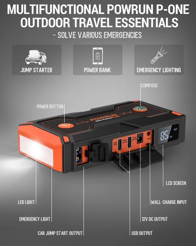 Alt view image 5 of 7 - Powrun P-ONE Jump Starter, 2000A Portable Jump Box - Car Jump Starter Battery Pack for up to 8.0L Gas and 6.5L Diesel Engines, 12V Battery Jump Starter with LCD Display (Orange)