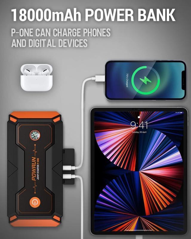 Alt view image 6 of 7 - Powrun P-ONE Jump Starter, 2000A Portable Jump Box - Car Jump Starter Battery Pack for up to 8.0L Gas and 6.5L Diesel Engines, 12V Battery Jump Starter with LCD Display (Orange)