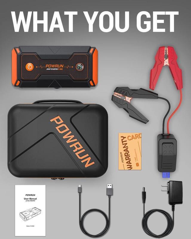 Alt view image 7 of 7 - Powrun P-ONE Jump Starter, 2000A Portable Jump Box - Car Jump Starter Battery Pack for up to 8.0L Gas and 6.5L Diesel Engines, 12V Battery Jump Starter with LCD Display (Orange)