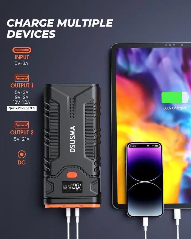 Alt view image 3 of 7 - DSUSMA Car Jump Starter, 2500A Jump Starter Battery Pack (up to 10.0L Gas/8L Diesel Engines), 12V Car Battery Jump Starter with USB Quick Charge 3.0 and LED Flashlight, Jump Box for 12V Vehicles