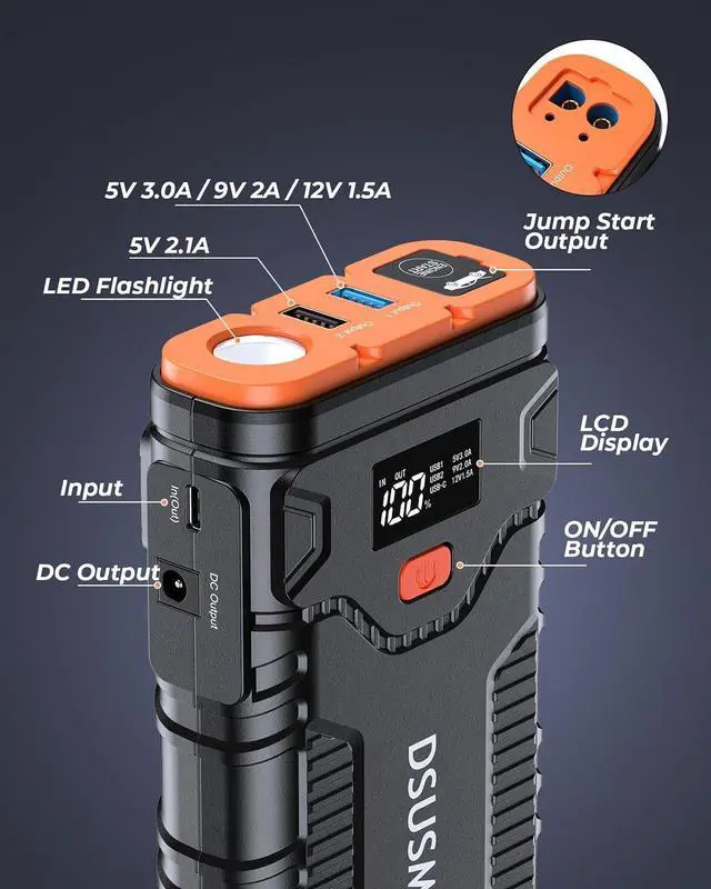 Alt view image 6 of 7 - DSUSMA Car Jump Starter, 2500A Jump Starter Battery Pack (up to 10.0L Gas/8L Diesel Engines), 12V Car Battery Jump Starter with USB Quick Charge 3.0 and LED Flashlight, Jump Box for 12V Vehicles