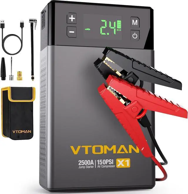 Main image of VTOMAN X1 Jump Starter with Air Compressor, 2500A Portable Battery Booster(Up to 8.5L Gas/6L Diesel Engines) with 150PSI Digital Auto Tire Inflator, 12V Car Lithium Battery Jump Box Pack Power Charger