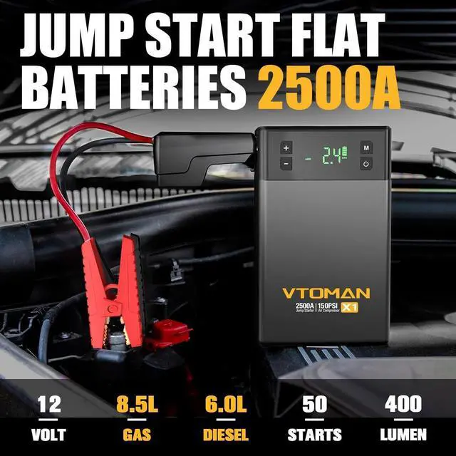 Alt view image 2 of 7 - VTOMAN X1 Jump Starter with Air Compressor, 2500A Portable Battery Booster(Up to 8.5L Gas/6L Diesel Engines) with 150PSI Digital Auto Tire Inflator, 12V Car Lithium Battery Jump Box Pack Power Charger